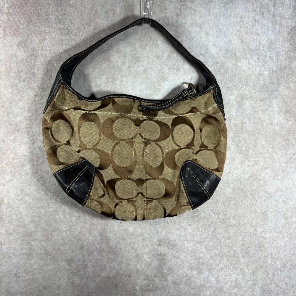 Coach Shoulder Bag Women Medium Brown Signature Canvas Hobo Leather Trim Vintage - Picture 9 of 16